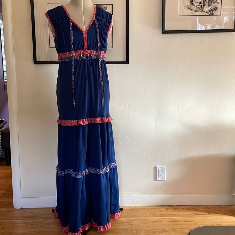 Vintage GODDESS DRESS 1970s Maxi blue & reds L